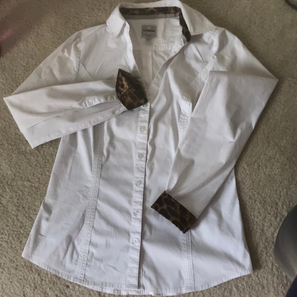 Collared white and printed cheetah button up